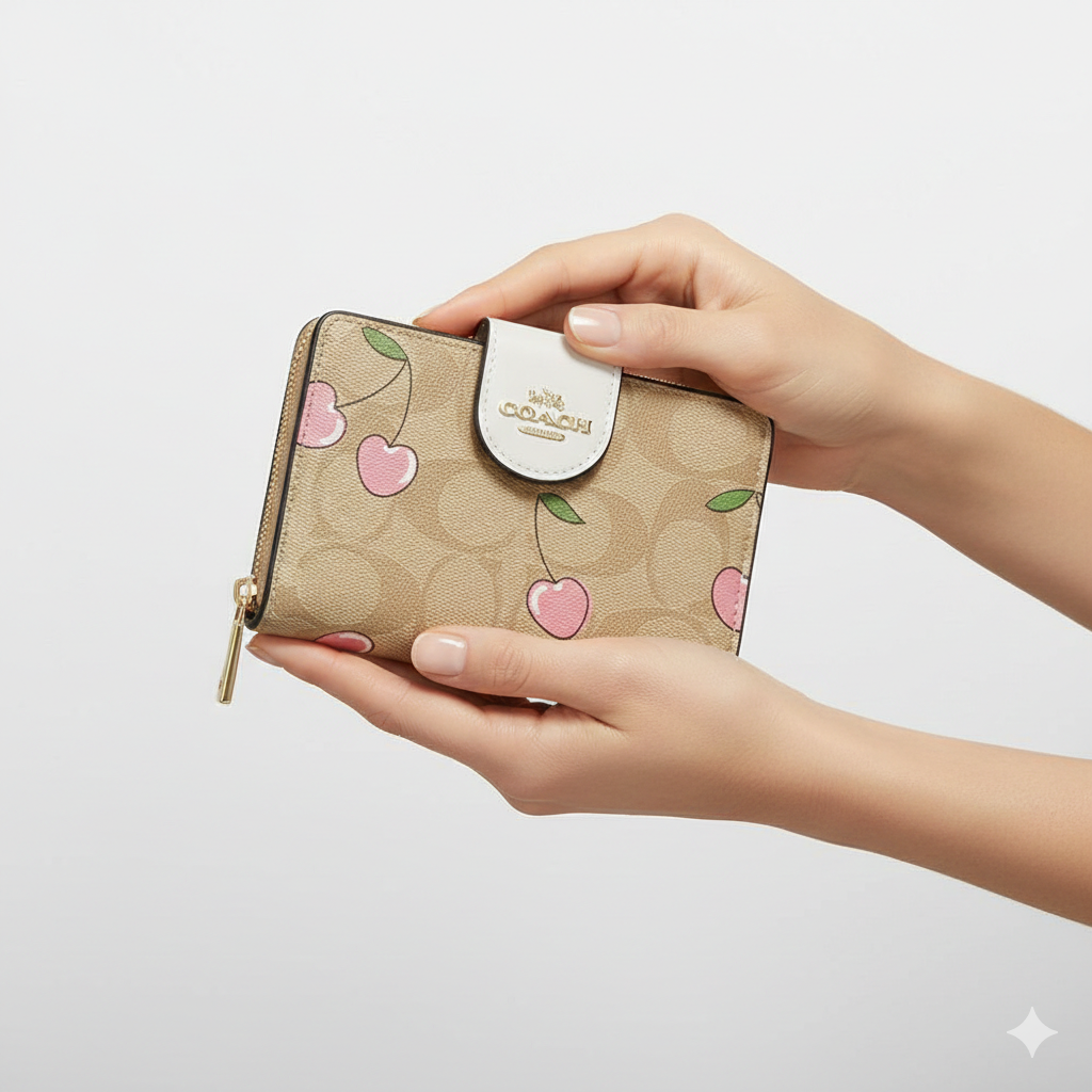 Coach Signature Canvas Medium Corner Zip Wallet with Heart Cherry Print 🍒💖✨