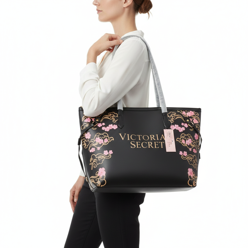 Victoria's Secret Black Cherry Blossom Floral Print Large Tote Bag 🌸🖤✨