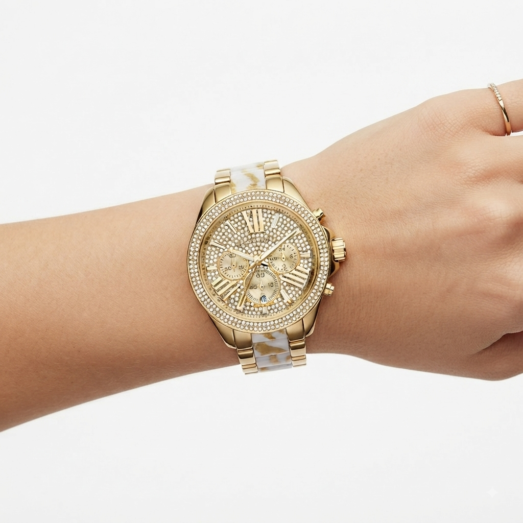 Michael Kors Gold Tone Chronograph Watch with Crystal Bezel