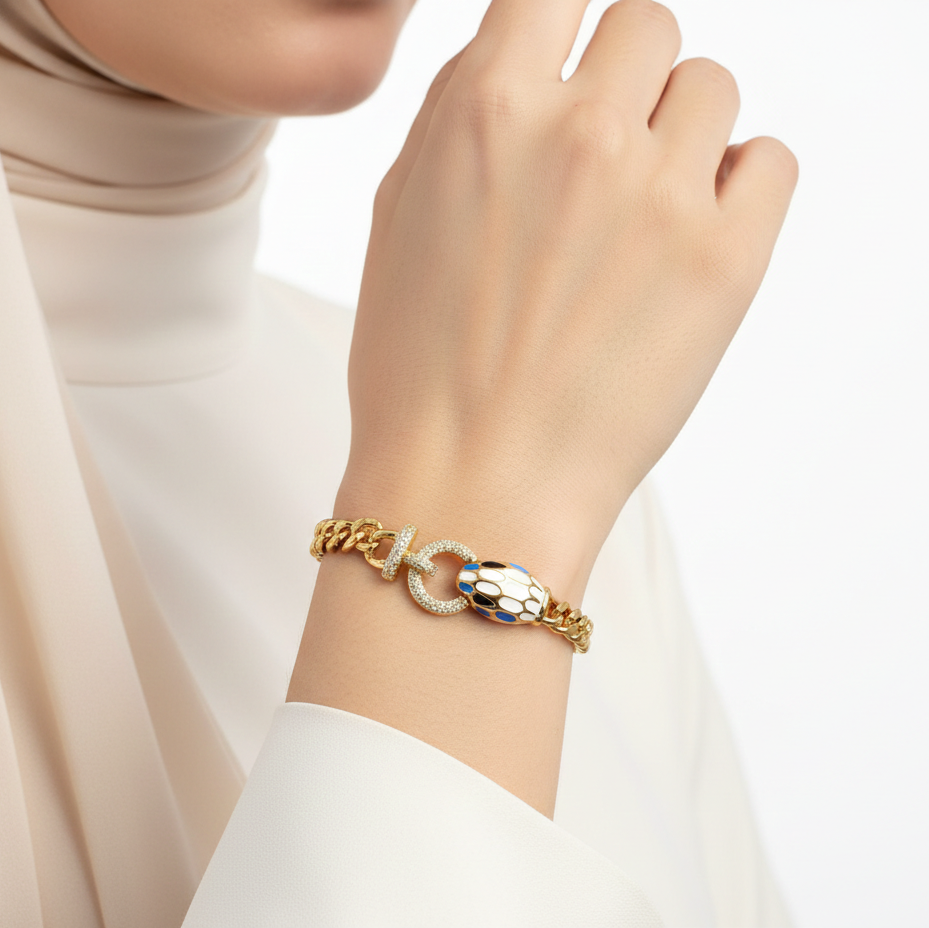 Gold Curb Chain Serpent Head Bracelet 🐍✨💎