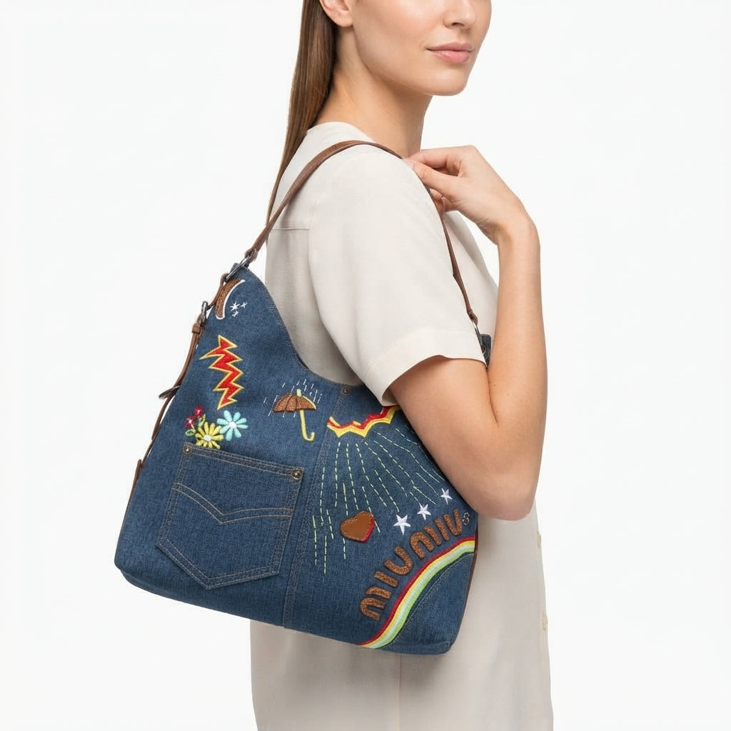Miu Miu Embroidered Denim Hobo Bag with Leather Accents