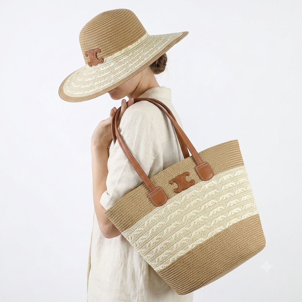 Celine Inspired Straw Tote Bag and Matching Sun Hat Set 👒✨