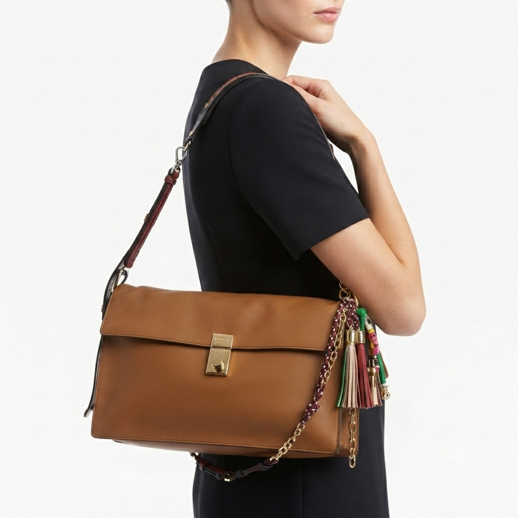 Prada Large Charm Bag in Warm Brown with Decorative Straps