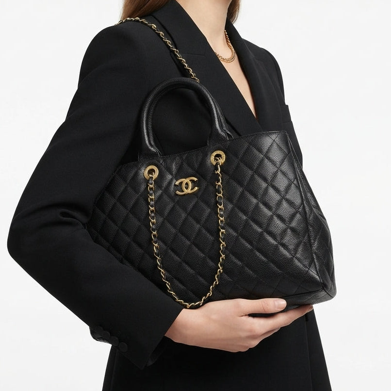 Chanel Quilted Leather Tote with Gold Tone Chain Hardware