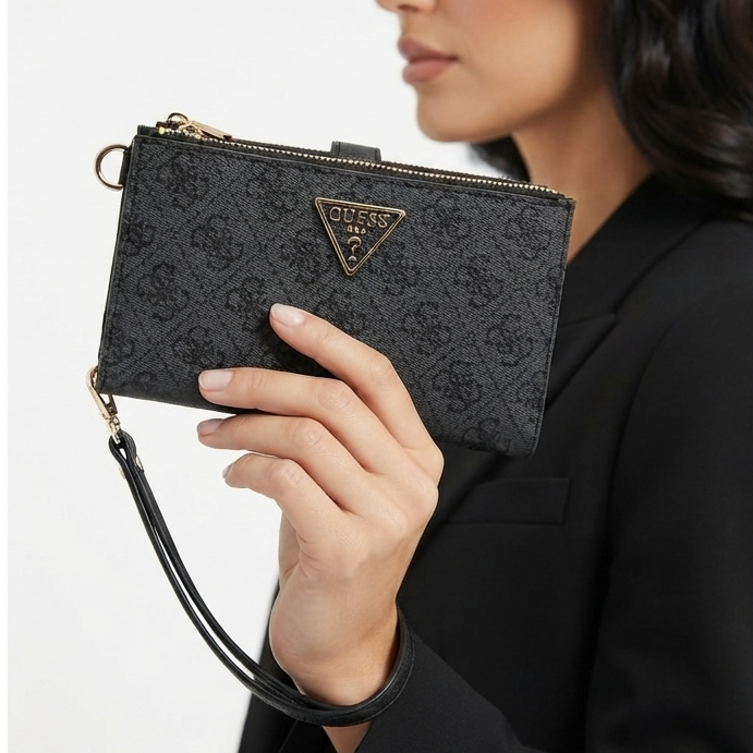 Guess Monogram Wristlet Wallet with Gold Tone Hardware 🖤✨