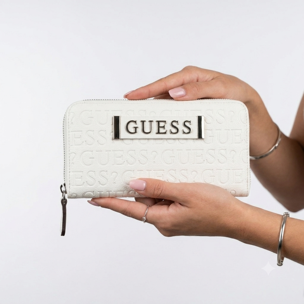 Guess Signature White Logo Embossed Zip Wallet 🤍✨