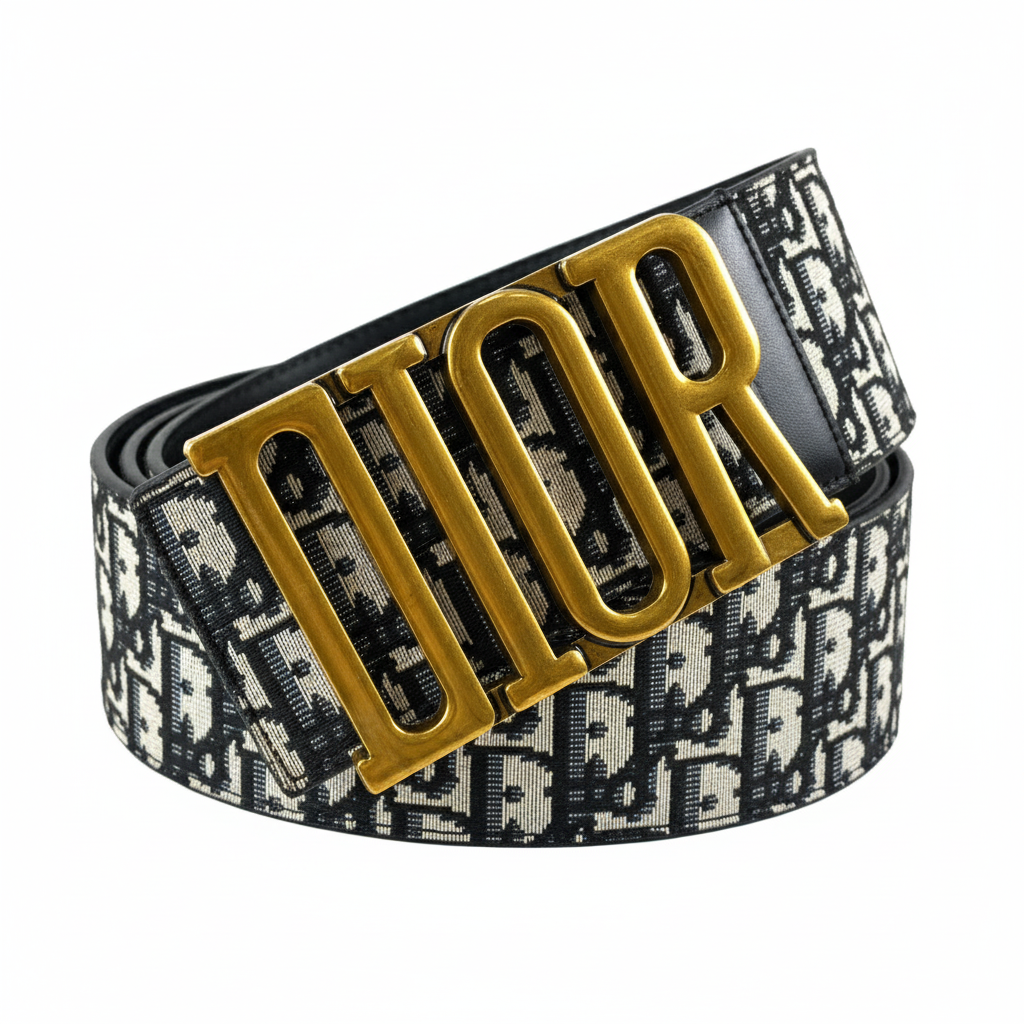 Christian Dior Oblique Canvas Belt with Oversized Gold Logo Buckle 🤍🖤✨