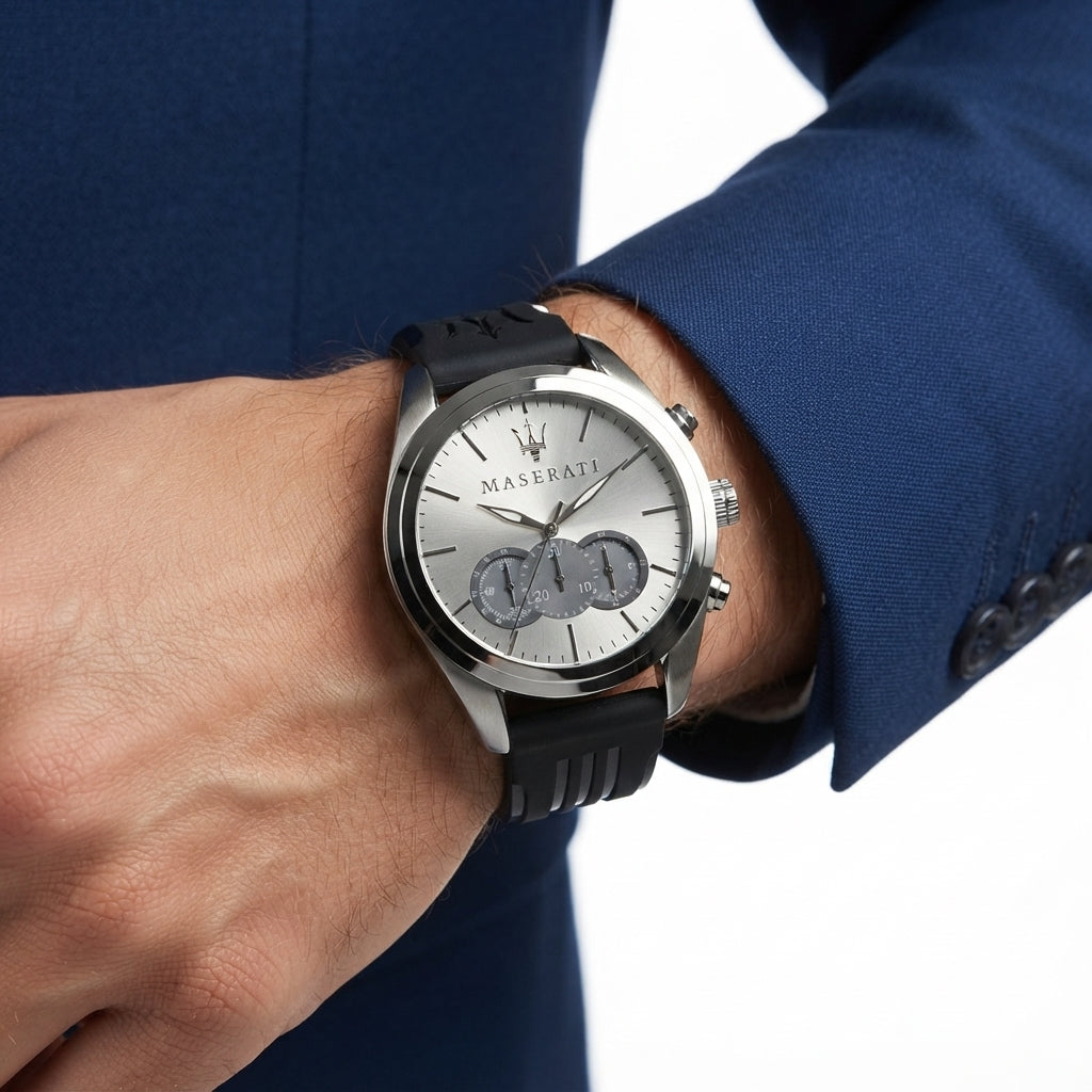 Maserati Chronograph Style Watch with Black Silicone Strap