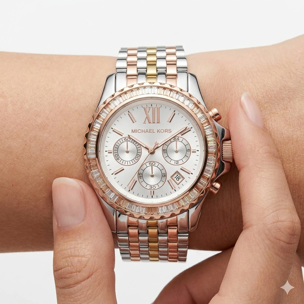 Michael Kors Tri-Tone Ritz Chronograph Watch with Baguette Crystal Bezel ✨⌚💎
