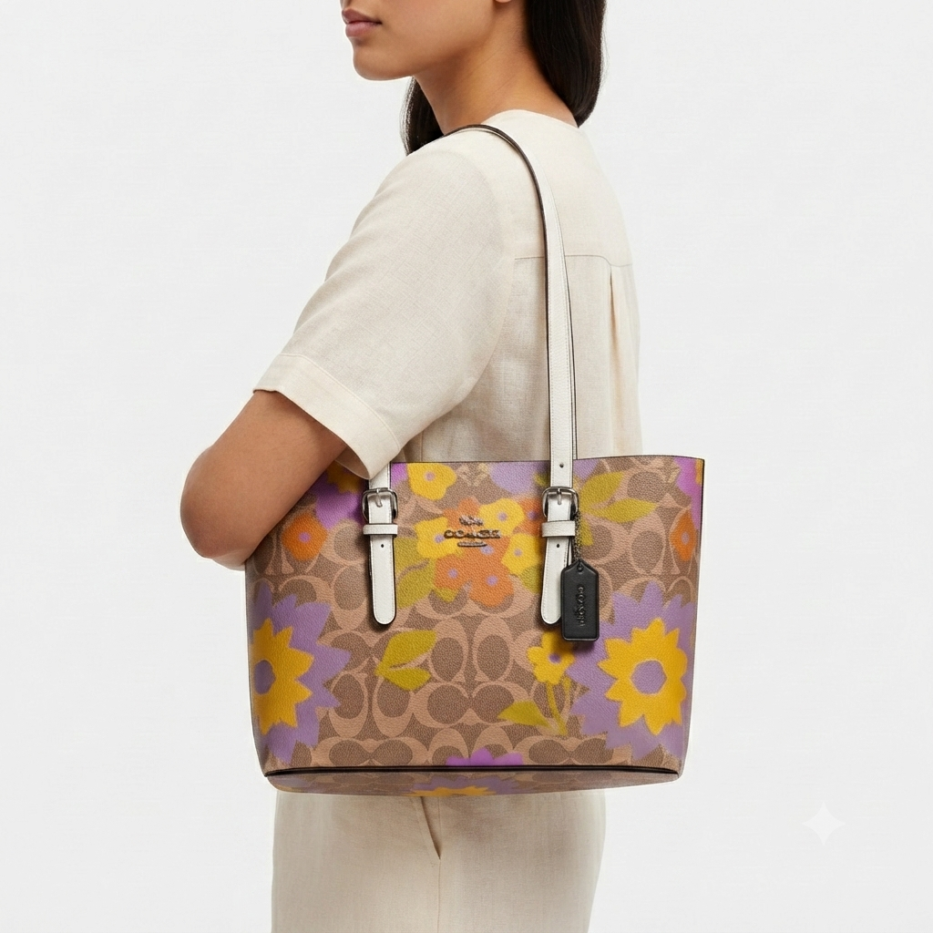 Coach Floral Monogram Tote with White Leather Handles 🌸👜