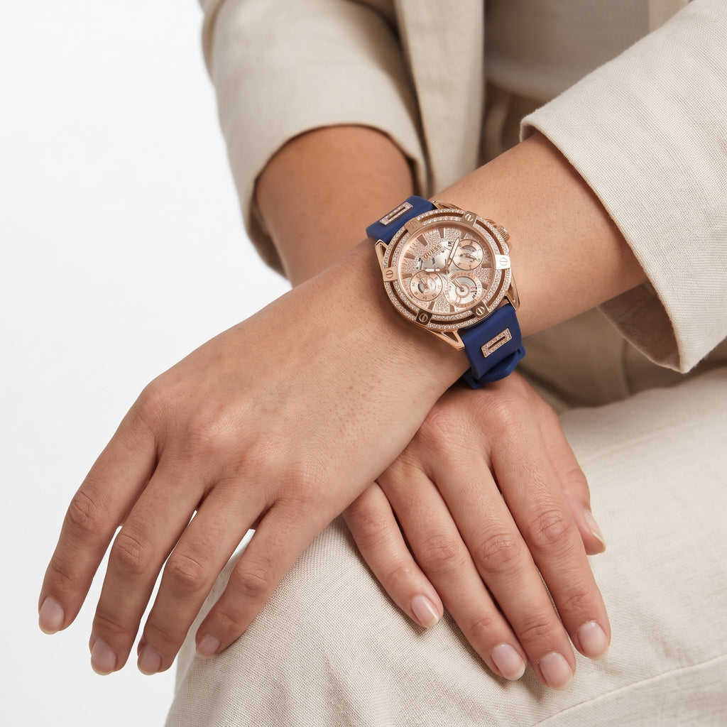 Guess Crystal Embellished Rose Gold Tone and Blue Silicone Watch