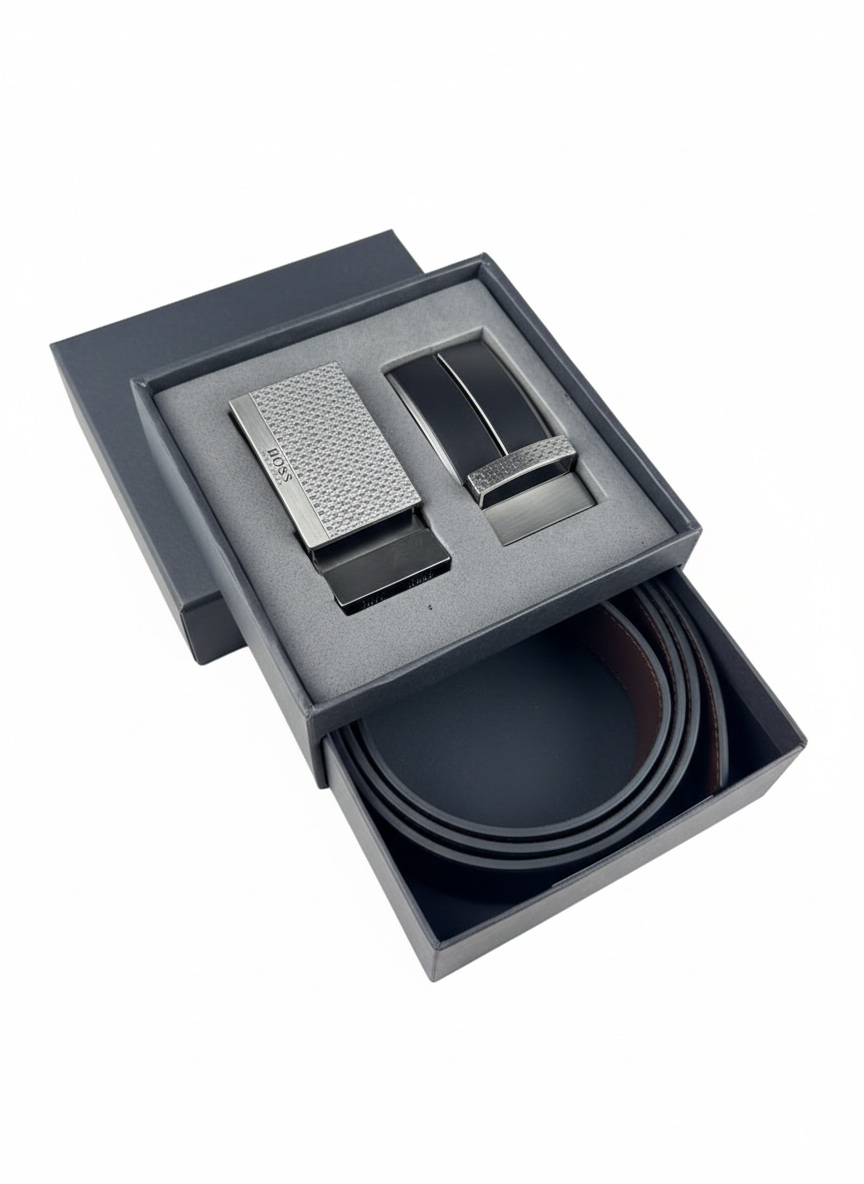 HUGO BOSS Reversible Leather Belt Set with Two Textured Buckles 🖤🎁✨