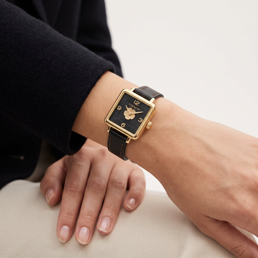Coach Square Face Watch with Black Leather Strap and Gold Accents