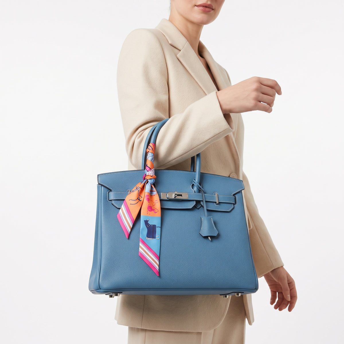 Blue Genuine Leather Birkin Style Handbag with Scarf
