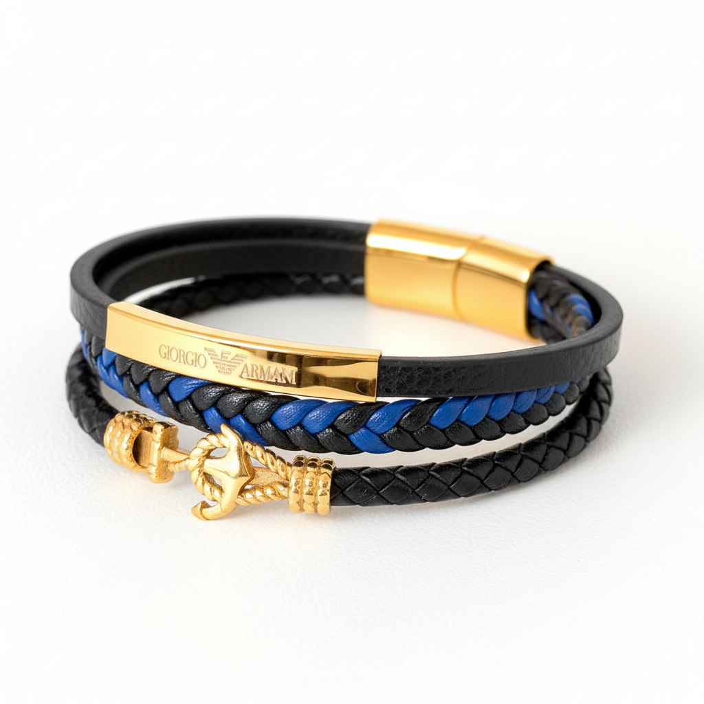 Giorgio Armani Layered Braided Leather Anchor Bracelet