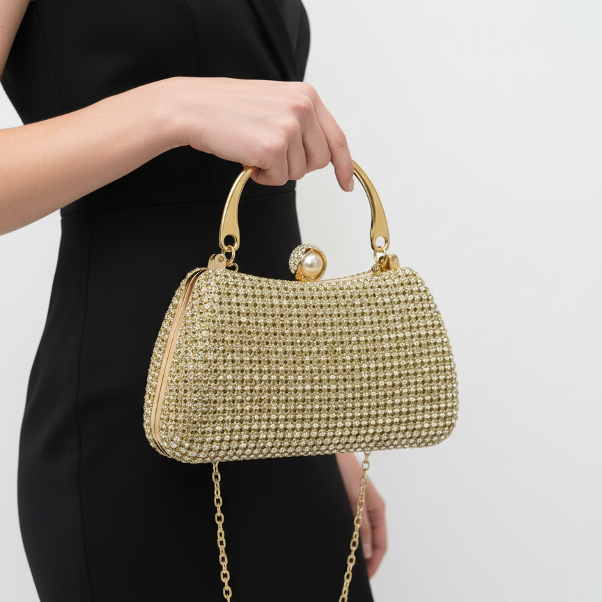 Luxury Gold and silver Rhinestone Evening Clutch with Pearl Clasp 👛✨⭐