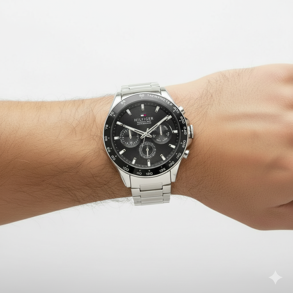 Tommy Hilfiger Men's Silver & Black Textured Dial Multi-Function Watch 🔗⚫️⏱️