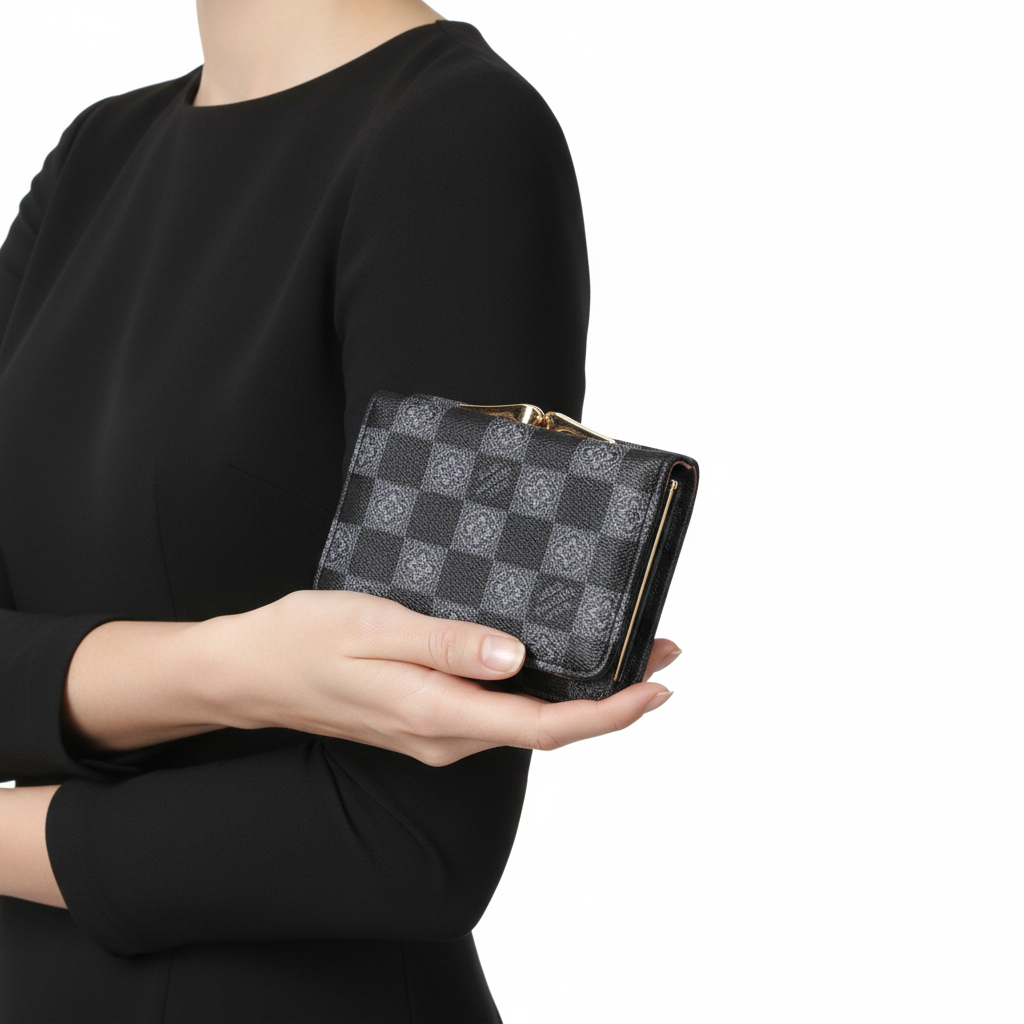 Elegant Damier Pattern Kiss-Lock Compact Wallet 🖤👜✨