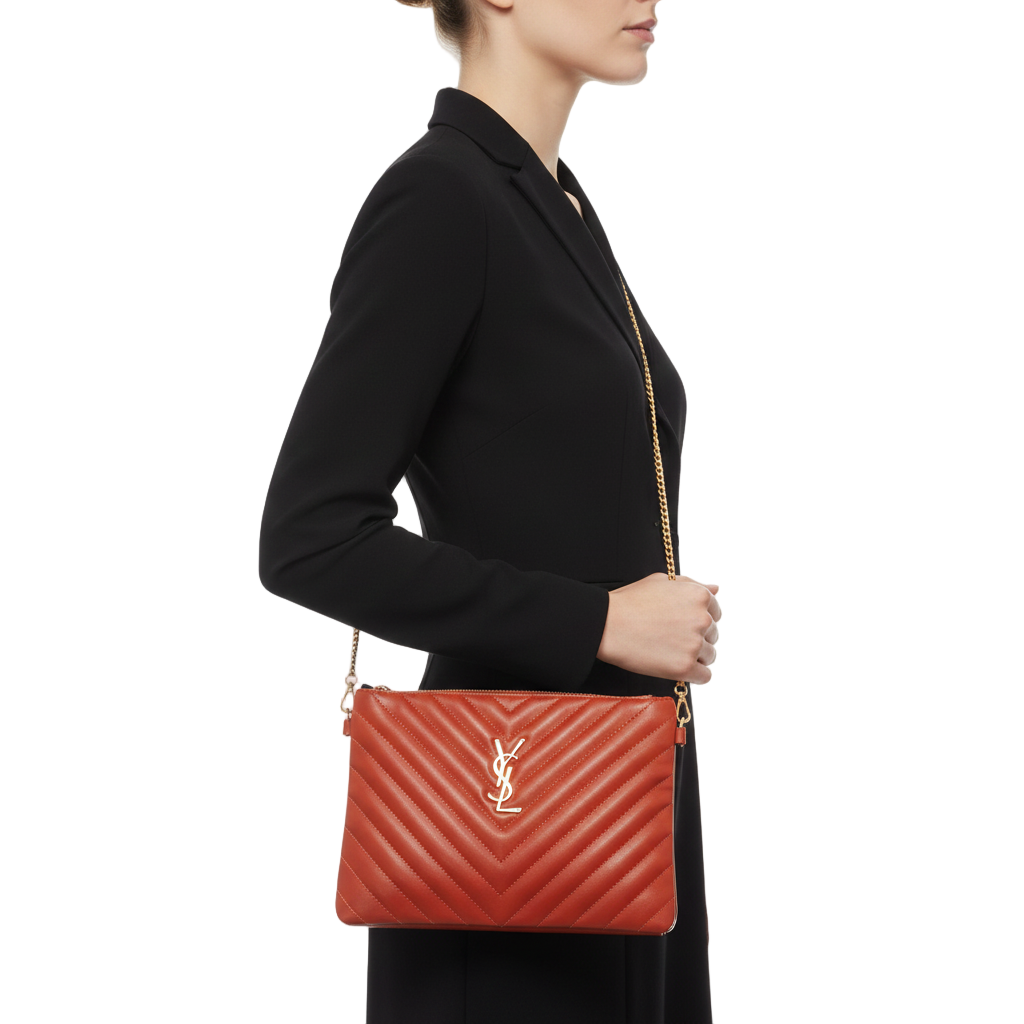 Yves Saint Laurent YSL Red Quilted Leather Clutch with Gold Chain Strap 🧡✨👜