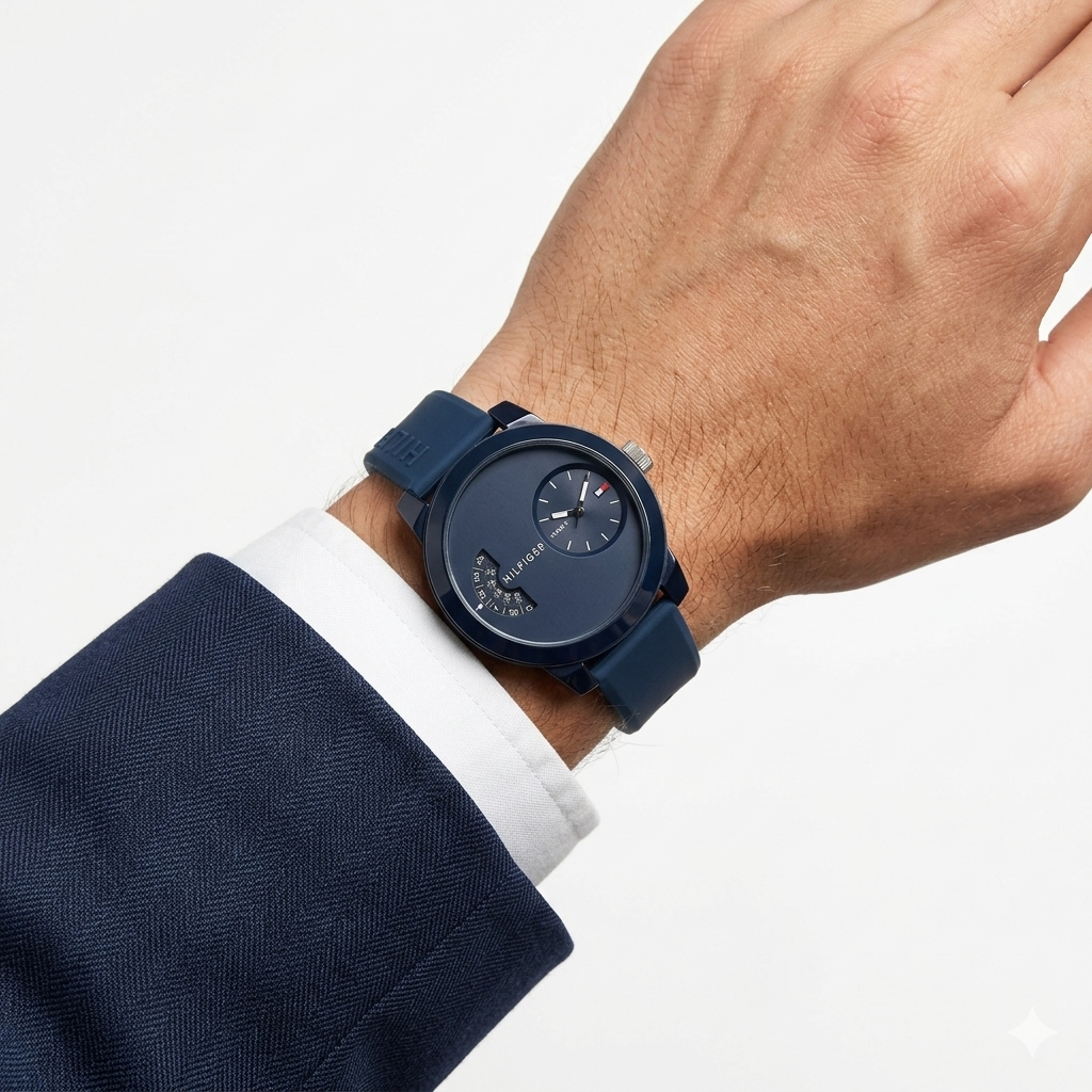 Tommy Hilfiger Navy and Red Silicone Dual-Dial Sport Watch ⏱️ 🌊 🔵