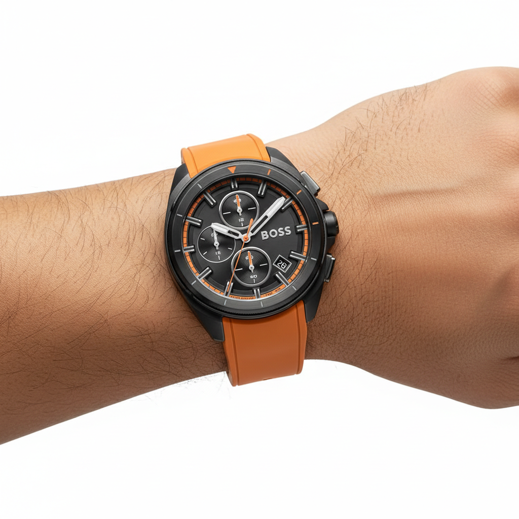 BOSS Chronograph Watch with Vibrant Orange Silicone Strap ⌚🍊🖤
