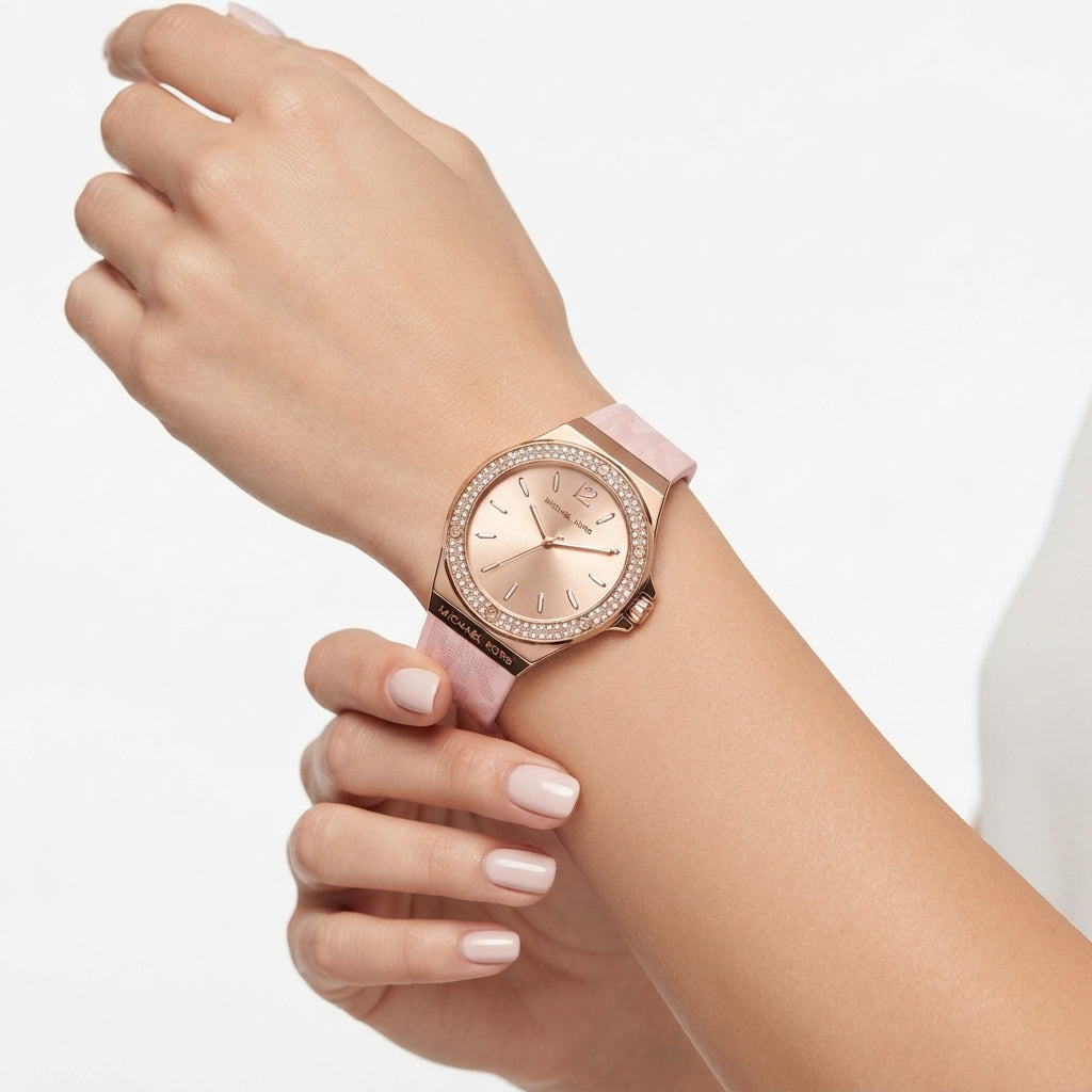 Michael Kors Rose Gold Crystal Embellished Logo Silicone Watch