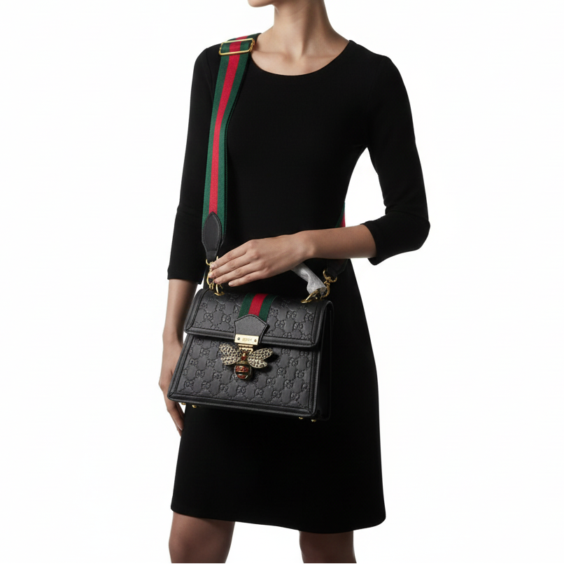 Gucci Queen Margaret Black Embossed Bag with Crystal Bee and Web Strap 🐝🖤❤️