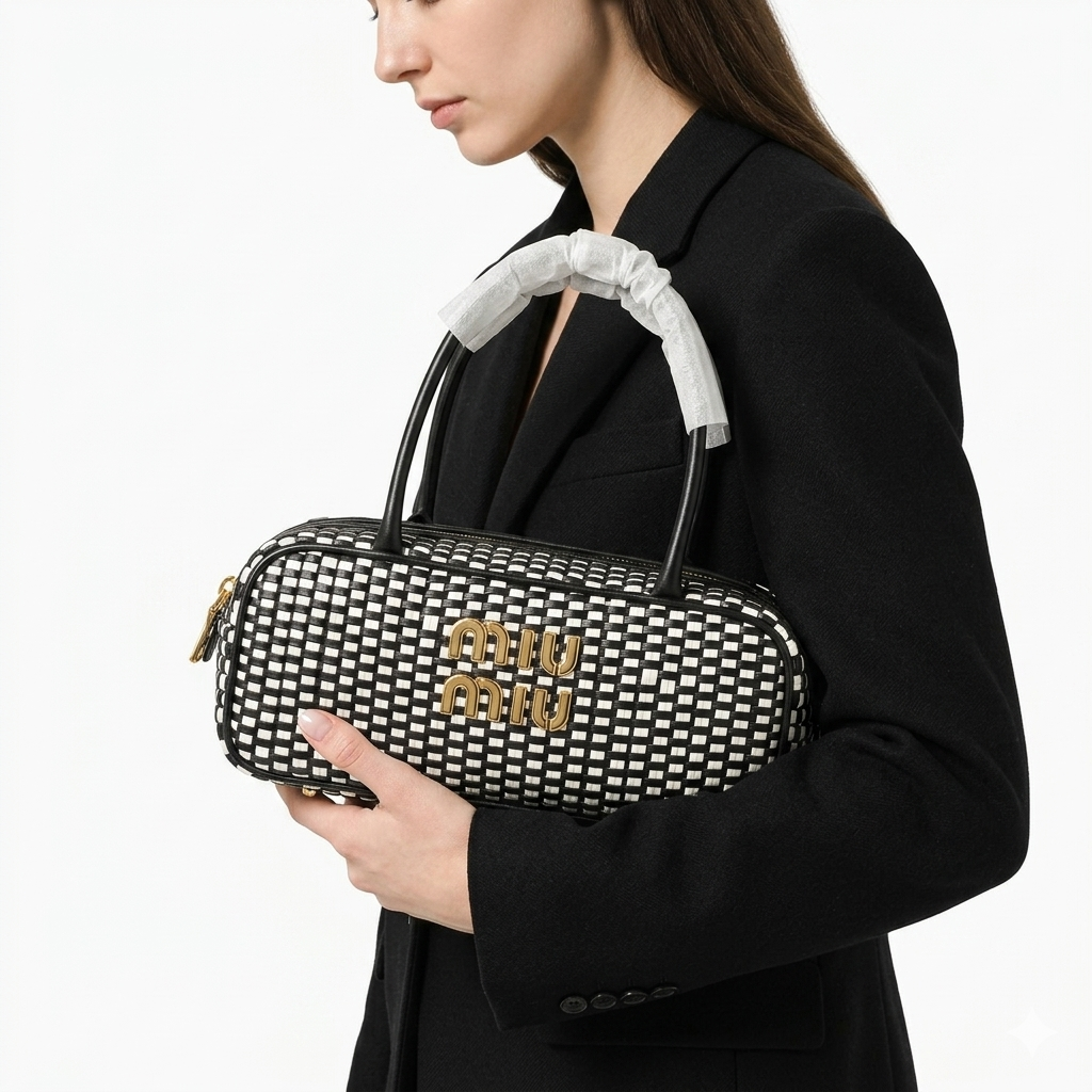 Miu Miu Woven Leather Arcadie Bag with Vibrant Checkerboard Pattern 👜✨🇮🇹