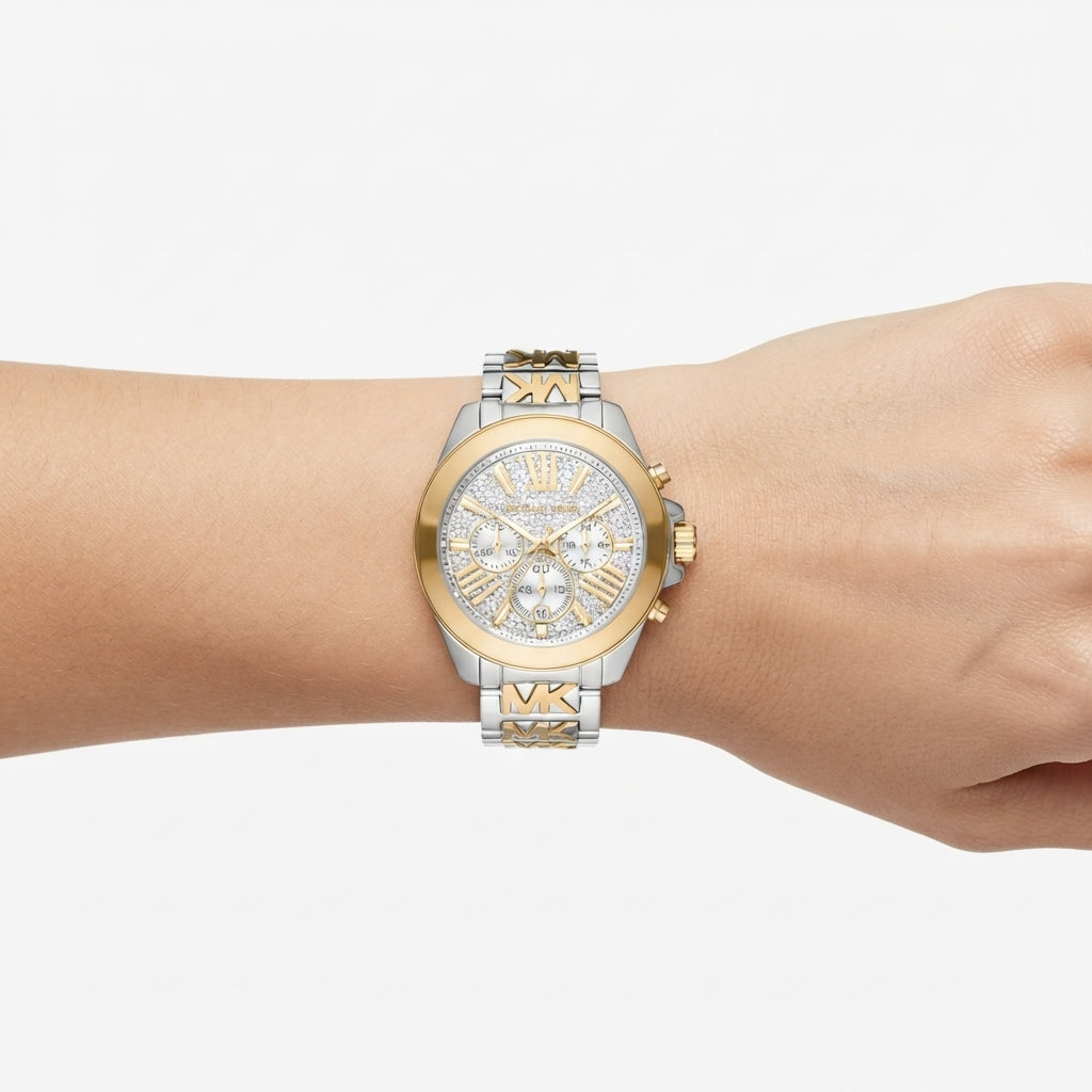 Michael Kors Two-Tone Chronograph Crystal Embellished MK Logo Watch