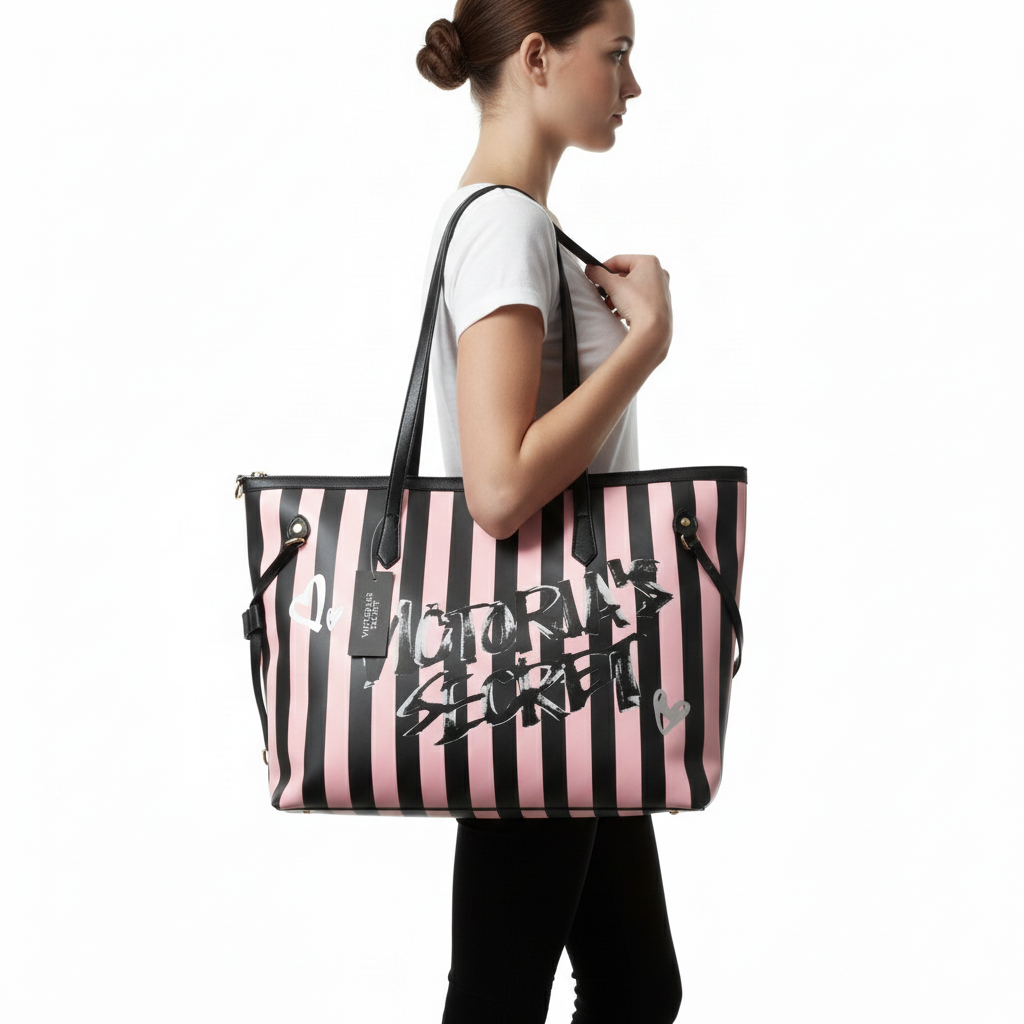🛍️ Victoria's Secret Pink & Black Stripe Graffiti Tote Bag 💖🖤
