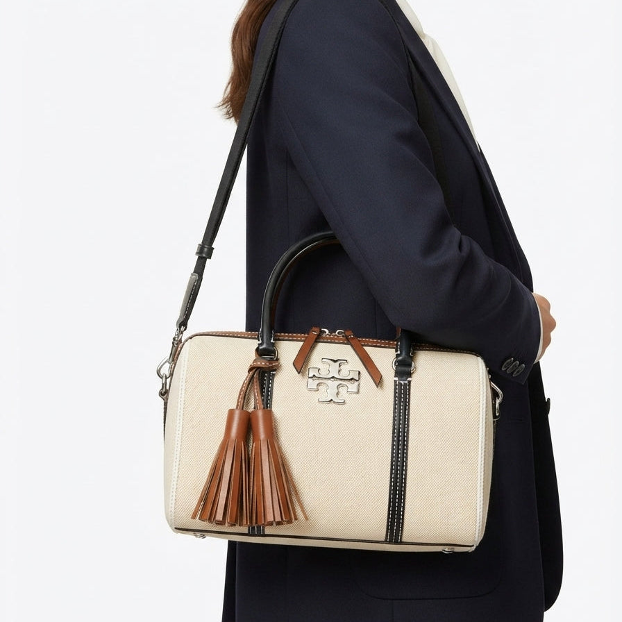 Tory Burch Canvas and Leather Tassel Tote
