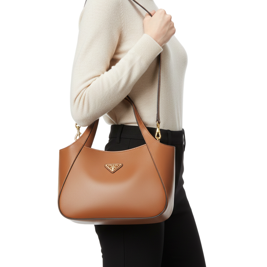 Prada Tan Leather Sculptural Shoulder Tote with Logo Plaque 🤎🔺👜