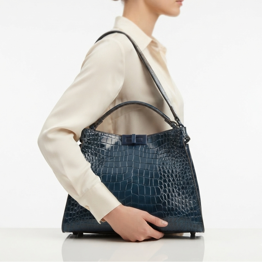 Fendi Glossy Crocodile Embossed Leather Bag in Dark Blue
