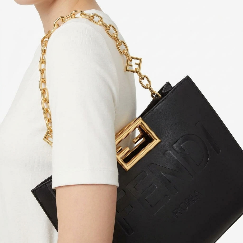 Fendi Roma Handbag with Gold-Tone Chain and Branded Shoulder Strap
