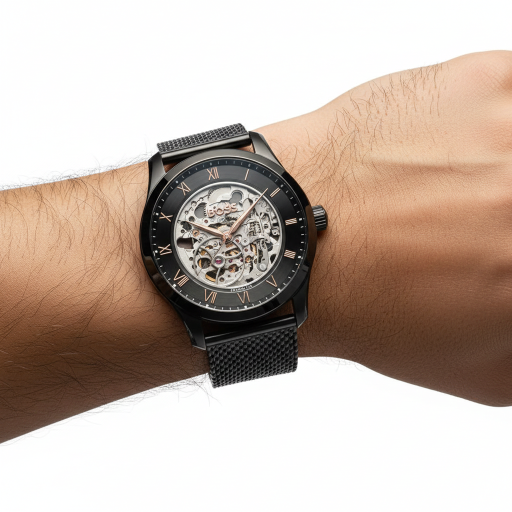 Hugo Boss Men's Automatic Skeleton Watch with Black Mesh Strap ⌚️⚙️🖤