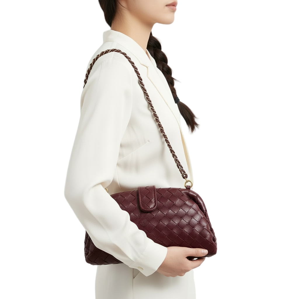 Woven Burgundy Shoulder Bag with Braided Chain Strap 🧶✨🍷