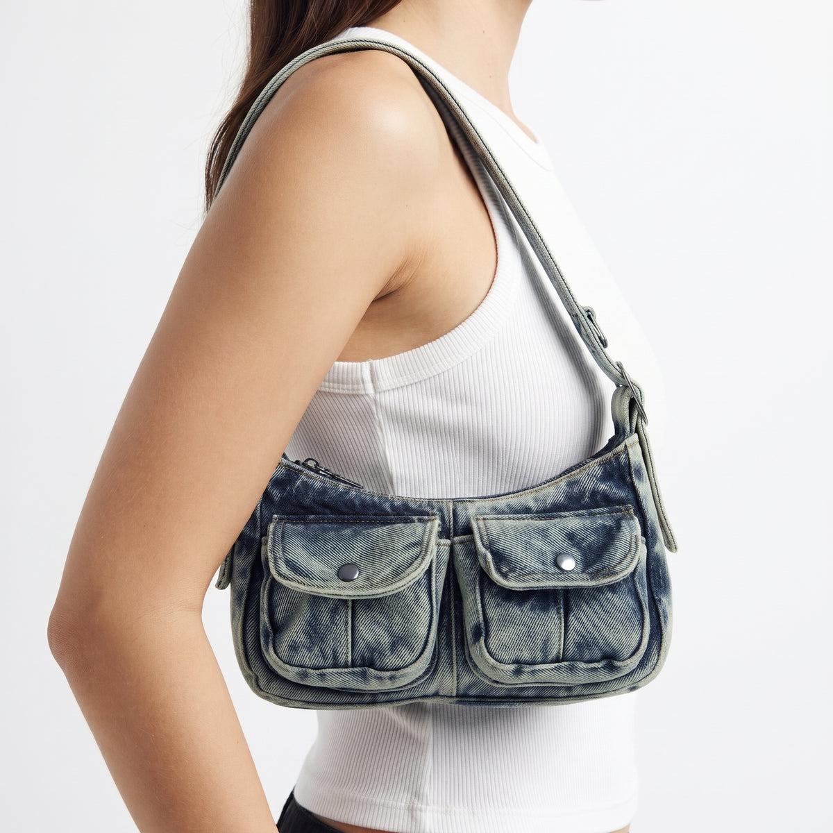 Denim Multi-Pocket Shoulder Bag with Playing Card Charm