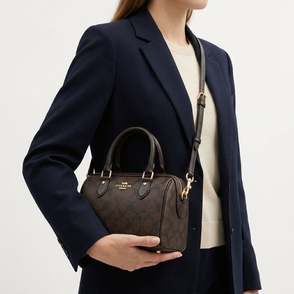 Coach Signature Monogram Mini Brown Bag with Heart Charm