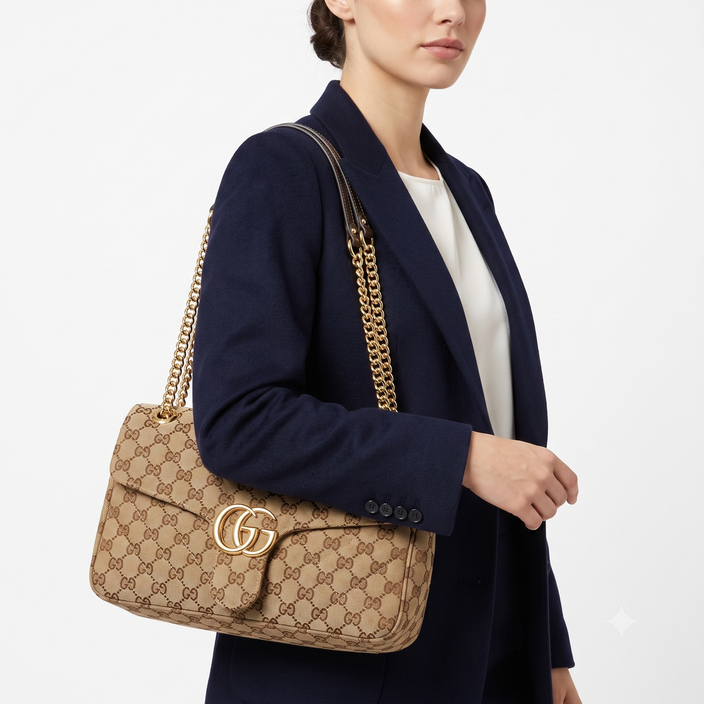 Gucci GG Monogram Canvas Bag with Gold Chain Strap ✨👜