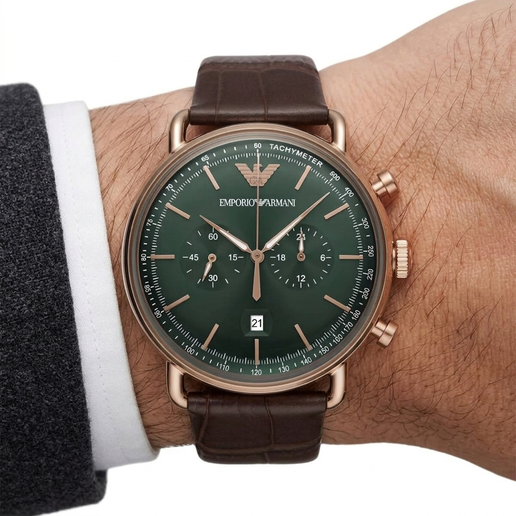 Emporio Armani Green Leather & Rose Gold Men's Watch ⌚🌿