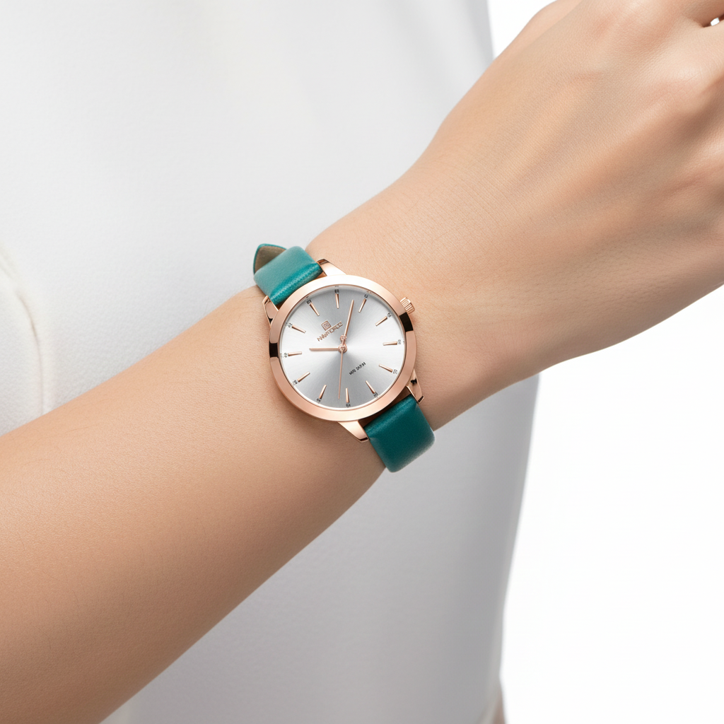 Naviforce Elegant Rose Gold Women's Watch with Emerald Leather Strap ⌚✨💎
