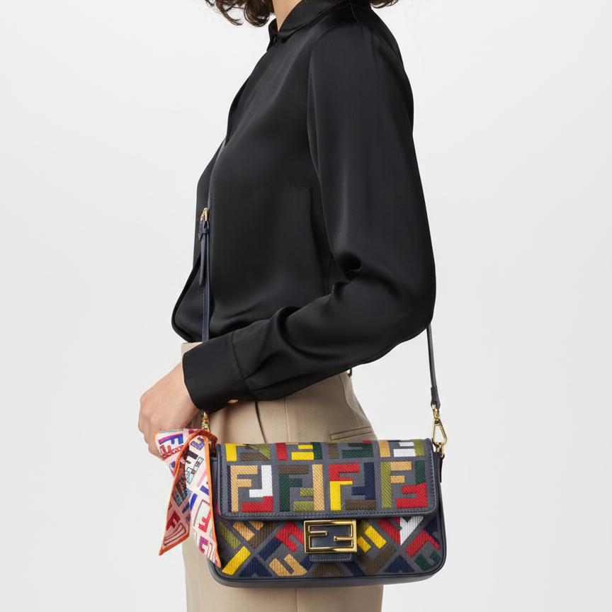 Fendi Baguette Shoulder Bag in Multicolor Embroidered FF Fabric 👜🎨✨