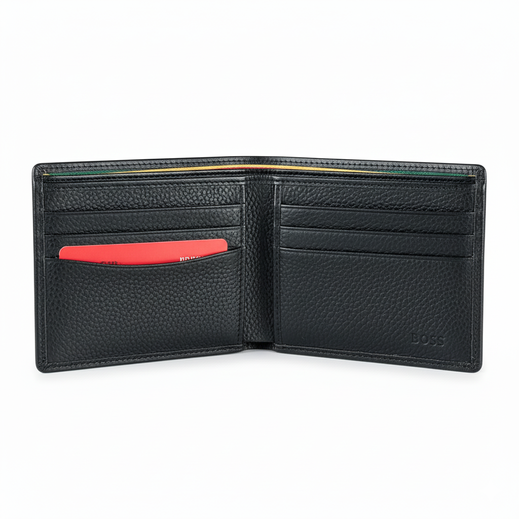 BOSS Men's Navy Pebble Leather Bi-Fold Wallet with Embossed Logo 🔵🗂️💳