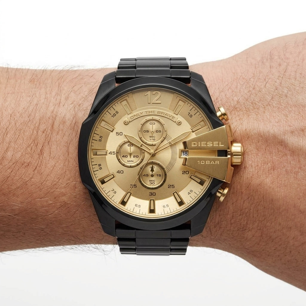 Diesel Mega Chief Chronograph Gold Dial Black Stainless Steel Watch