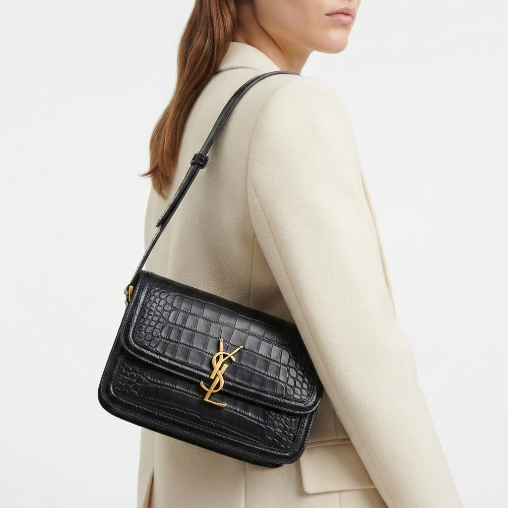 YSL Crocodile Embossed Leather Shoulder Bag with Gold-Tone Hardware