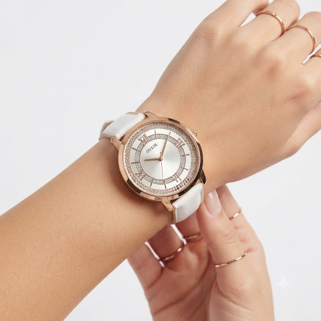 Guess Rose Gold Glitter Dial Women's Leather Watch ✨⌚