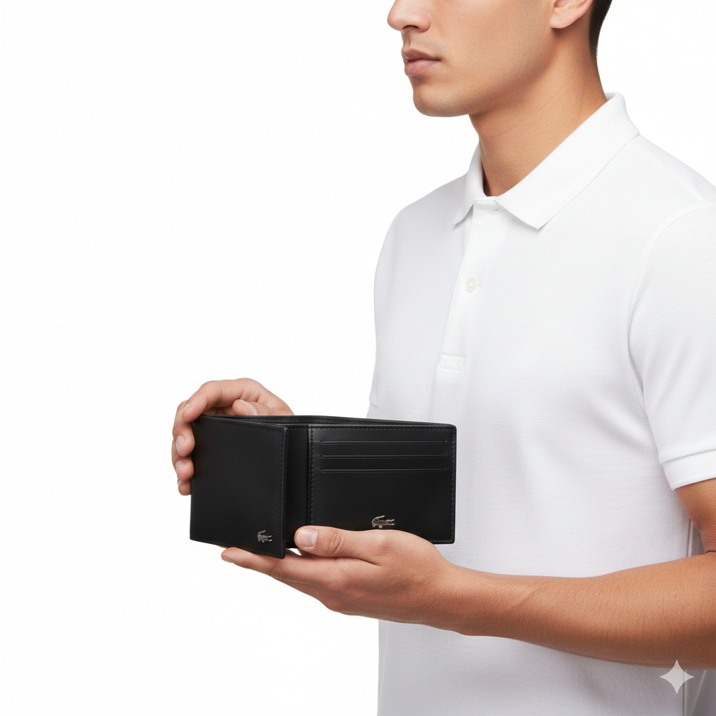Lacoste Men's Black Leather Bi-Fold Wallet & Card Holder Gift Set 🐊🖤💳