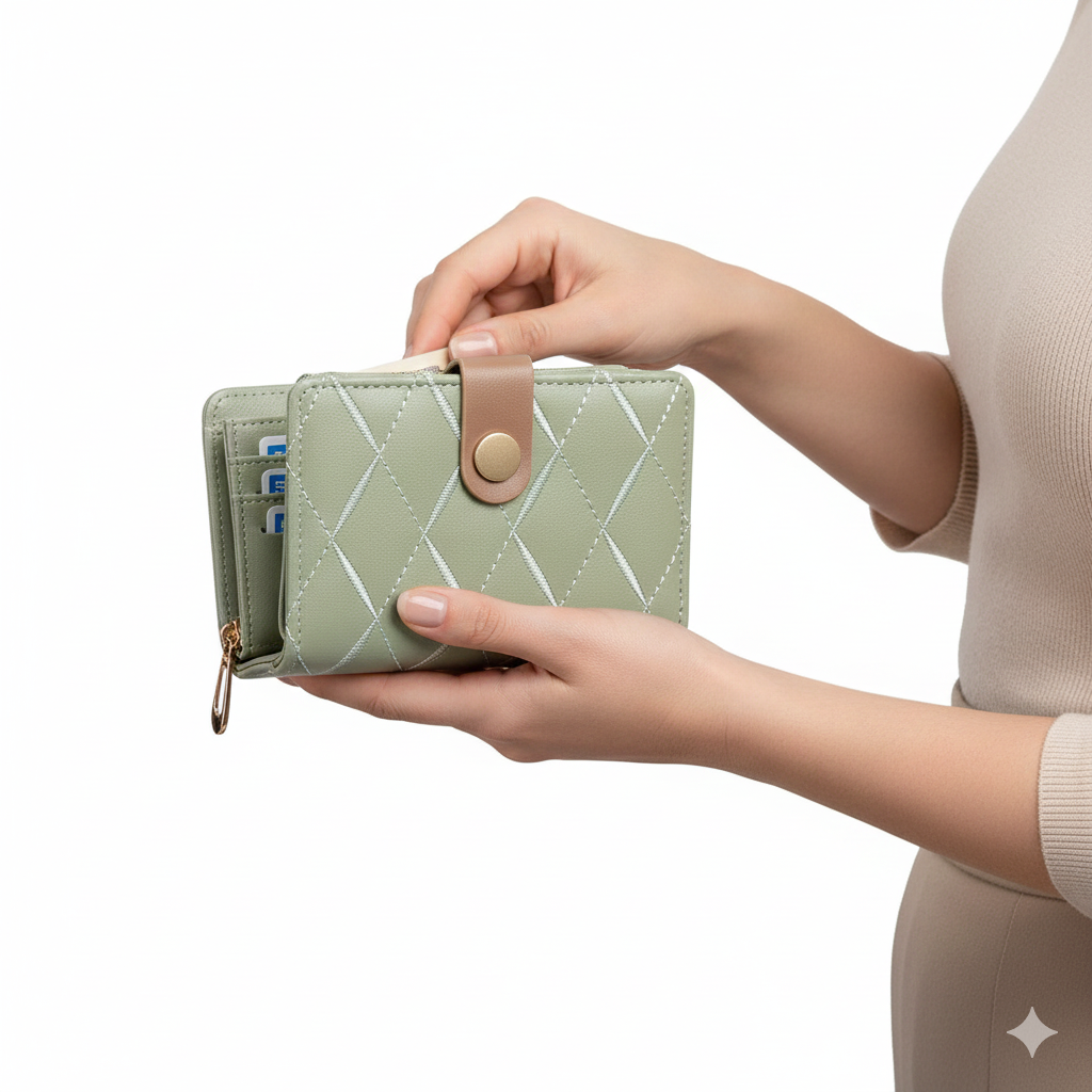 Elegant Sage Green Diamond Lattice Compact Bifold Wallet 🌿💎✨