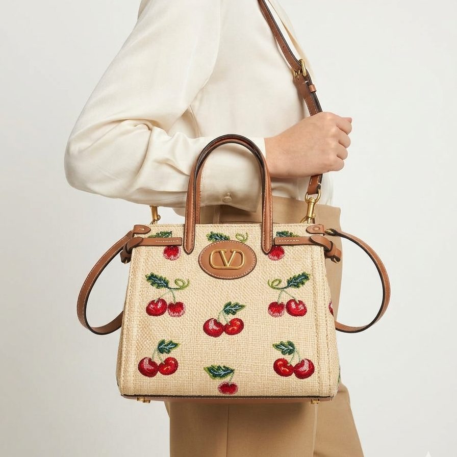 Valentino Garavani VLogo Signature Small Raffia Tote Bag with Floral Embroidery 🍒🌸✨