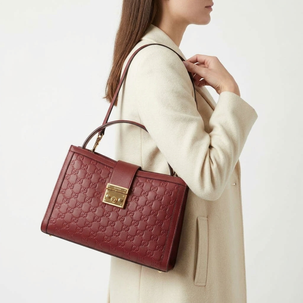 Gucci Red Embossed Leather GG Logo Handbag